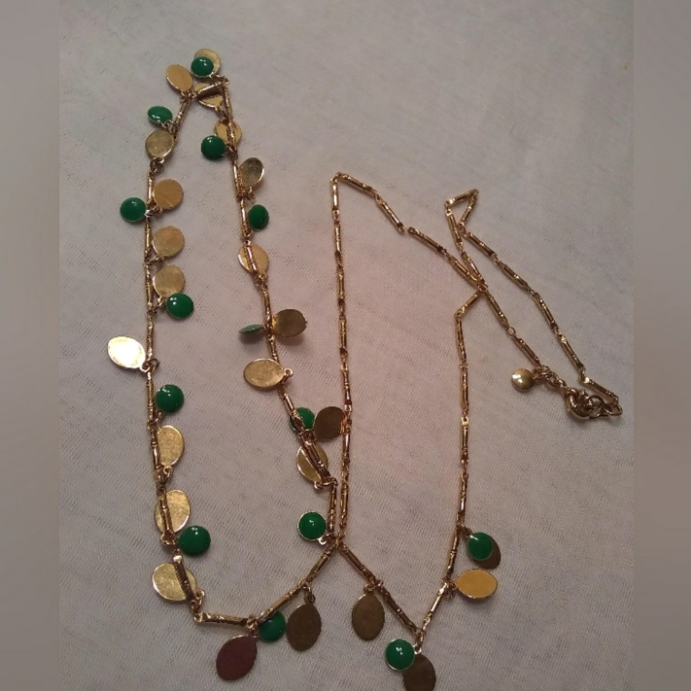 J. Crew Green Discs and Gold Dangles Necklace Long 32 inches